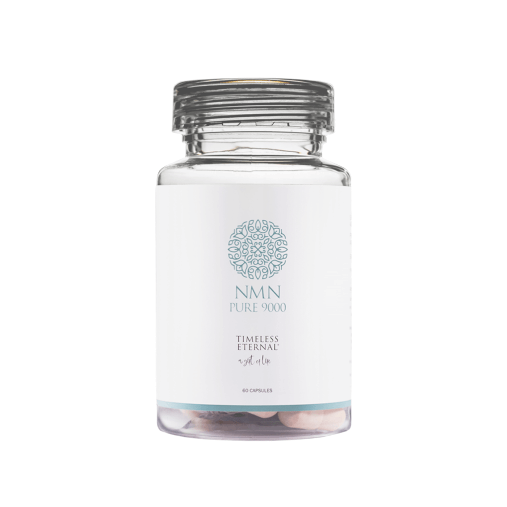 Timeless Forever NMN Pure 9000 supplement bottle with 60 capsules for cellular rejuvenation and longevity.