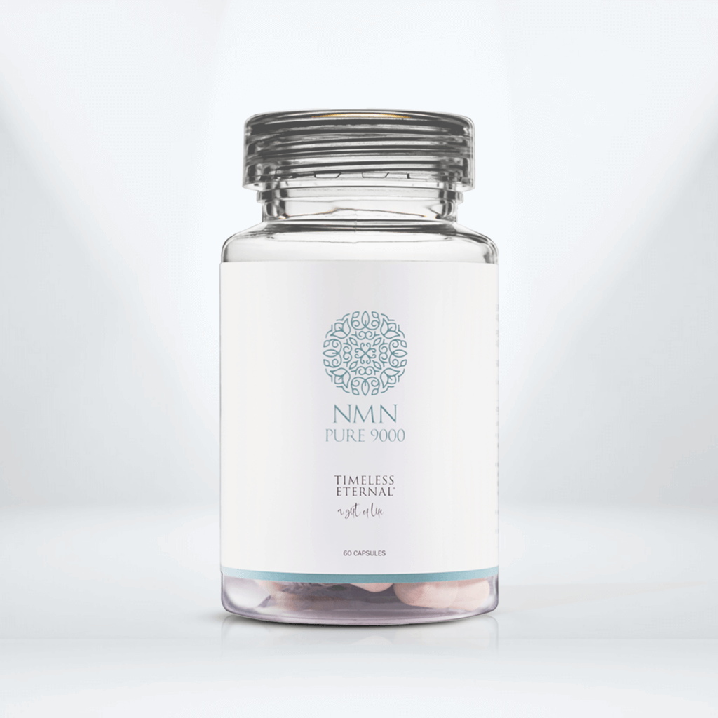 Timeless Forever NMN Pure 9000 supplement bottle with 60 capsules for cellular rejuvenation and anti-aging.