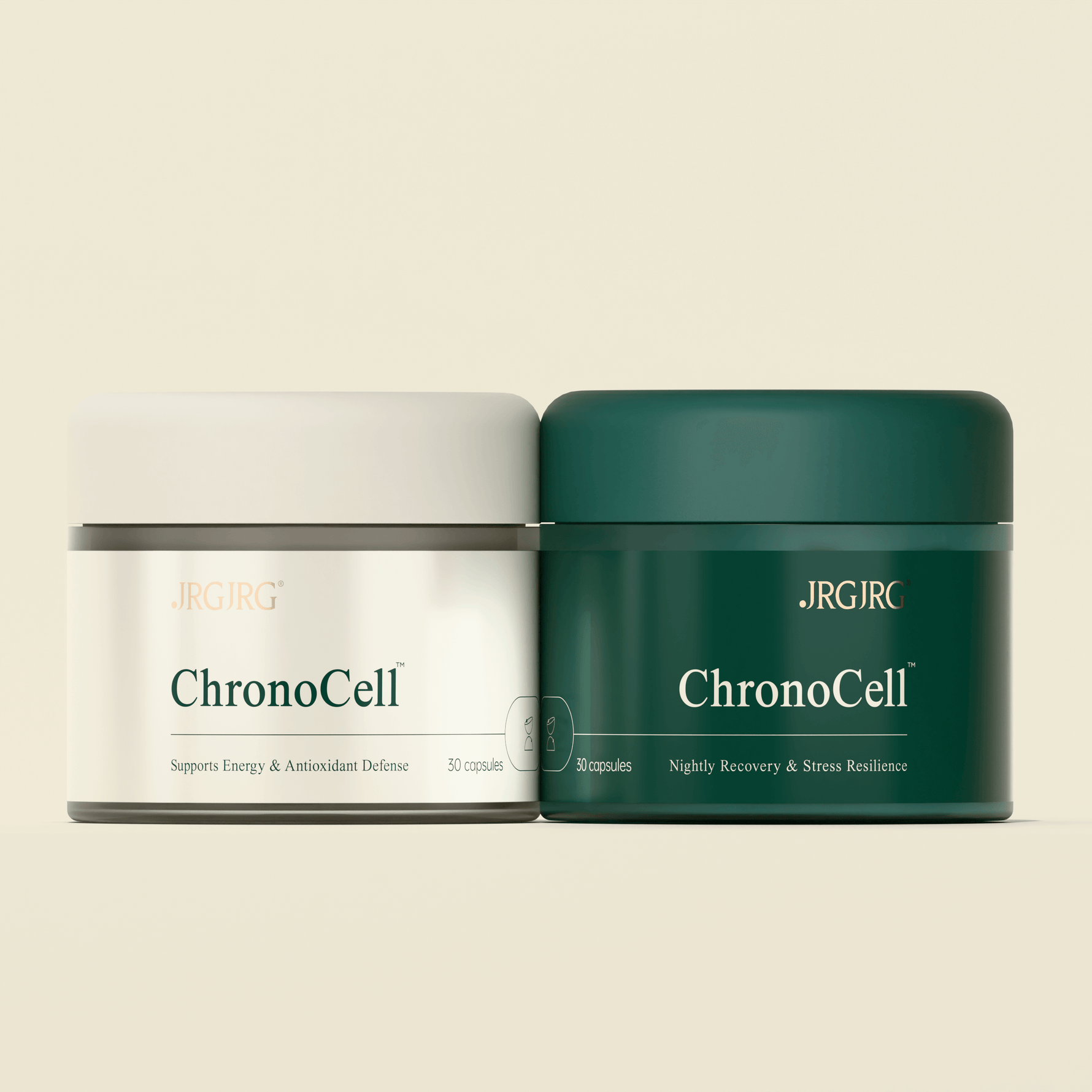 JRGJRG ChronoCell capsules for energy, antioxidant defense, and stress resilience, featuring a sleek design.