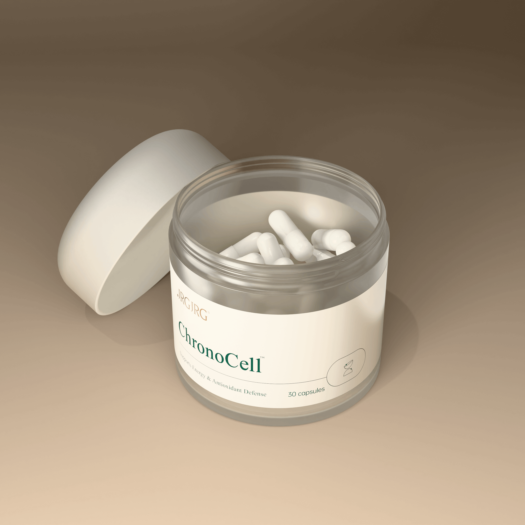 JRGJRG ChronoCell Cellular Age Reversal Capsules in a sleek jar for rejuvenating energy and youthfulness.