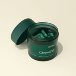 JRGJRG ChronoCell capsules in an open jar, designed for cellular age reversal and energy restoration.