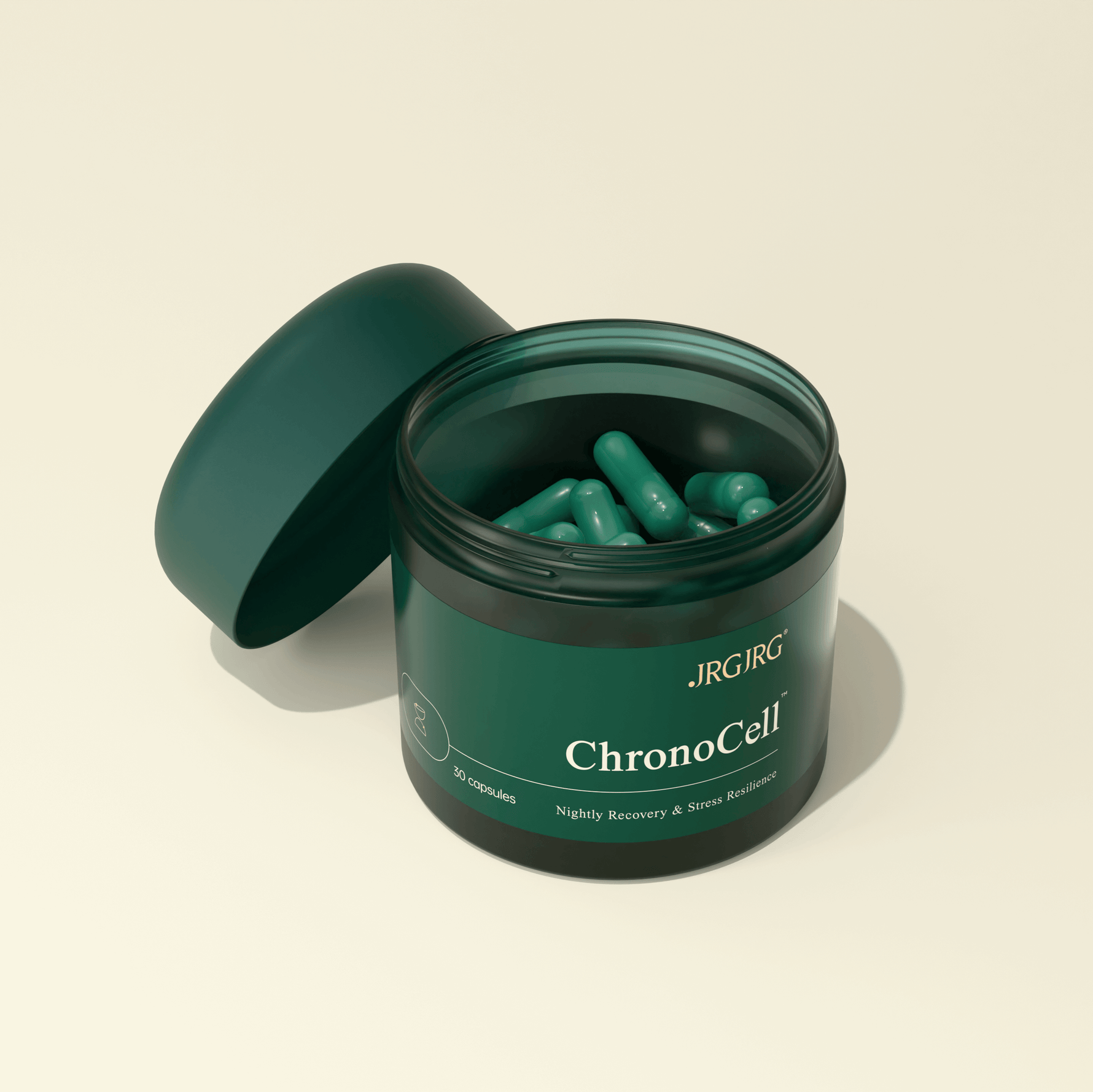 JRGJRG ChronoCell capsules in an open jar, designed for cellular age reversal and energy restoration.