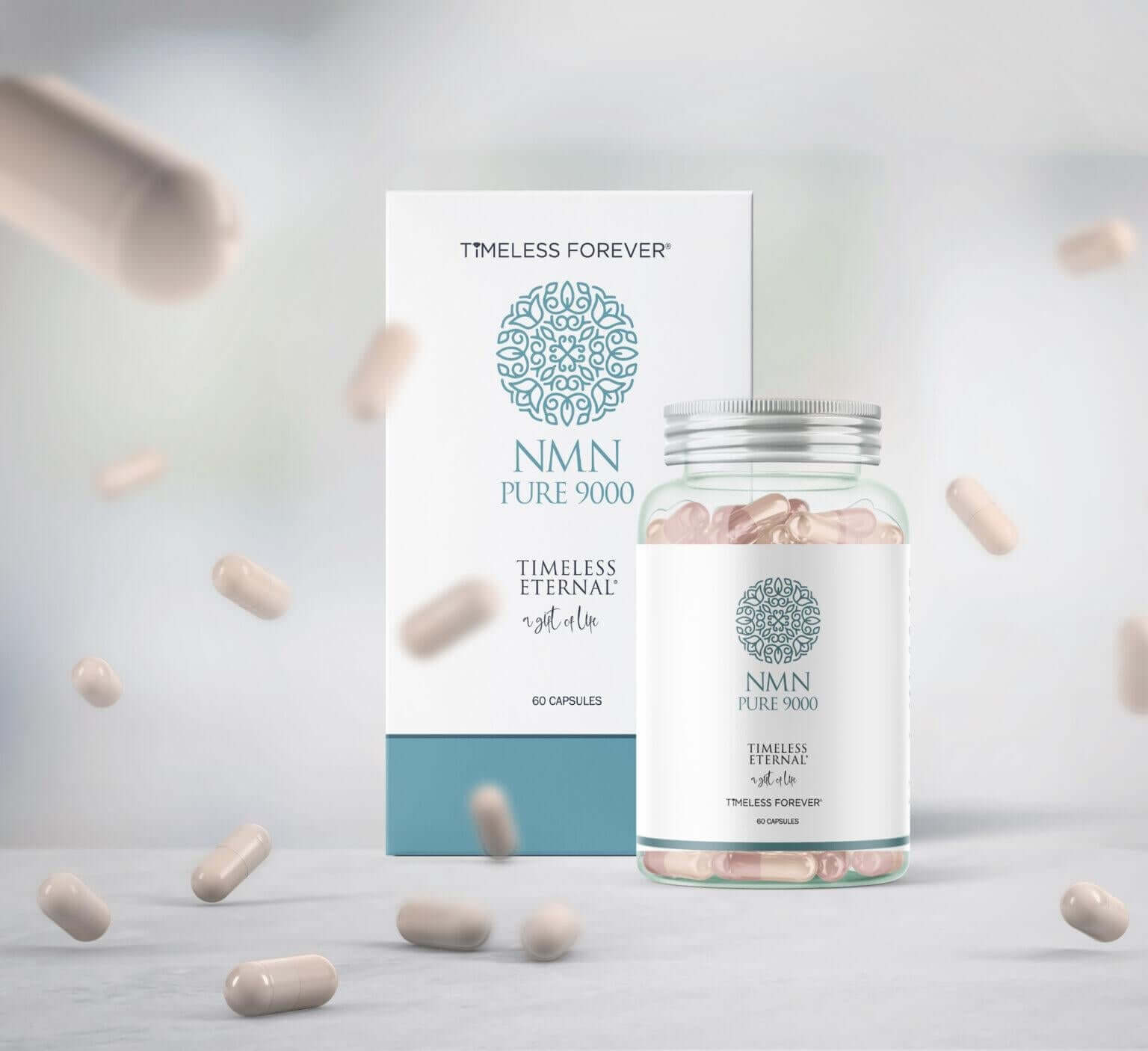 Timeless Forever NMN Pure 9000 supplement bottle with capsules, promoting cellular rejuvenation and vitality.