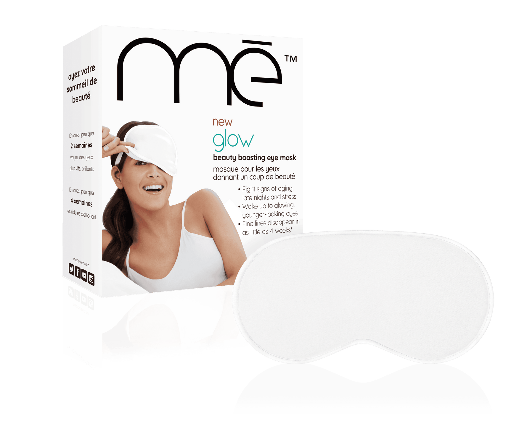 Mē glow beauty boosting eye mask packaging with product displayed, designed for overnight rejuvenation for eyes.