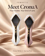 Meet CronuA: Snow White and Spring Pink beauty devices on a champagne-coloured styled background. Four modes. Your kind of care.