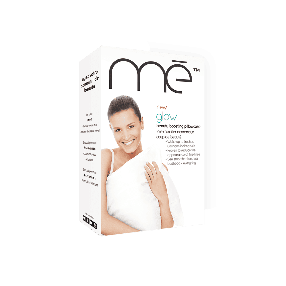 Mē Glow Beauty Boosting Pillowcase packaging featuring a smiling woman, highlighting the copper ion beauty pillowcase.