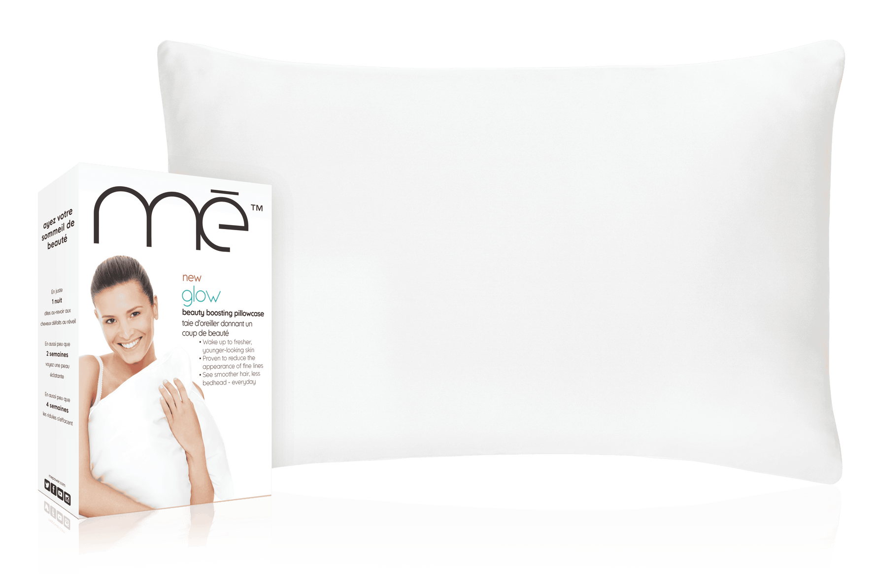 Mē Glow Copper Ion Beauty Pillowcase next to its packaging for a rejuvenating sleep experience.